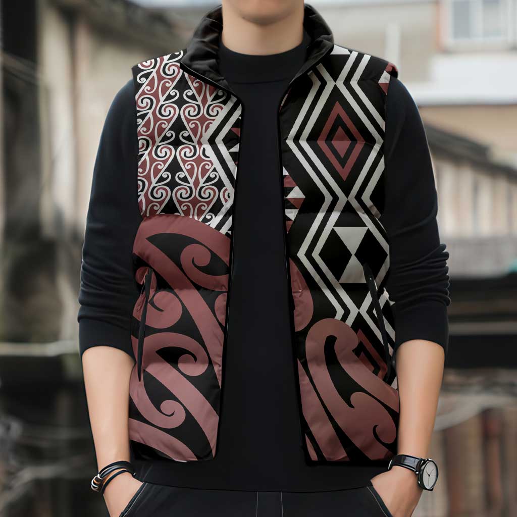 New Zealand Sleeveless Puffer Jacket Aotearoa Kowhaiwhai Mix Taniko Art - Polynesian Pride