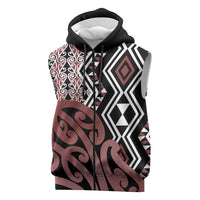 New Zealand Sleeveless Zip Hoodie Aotearoa Kowhaiwhai Mix Taniko Art LT14 Brown - Polynesian Pride