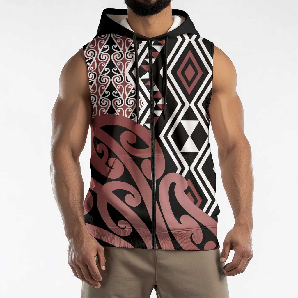 New Zealand Sleeveless Zip Hoodie Aotearoa Kowhaiwhai Mix Taniko Art LT14 - Polynesian Pride