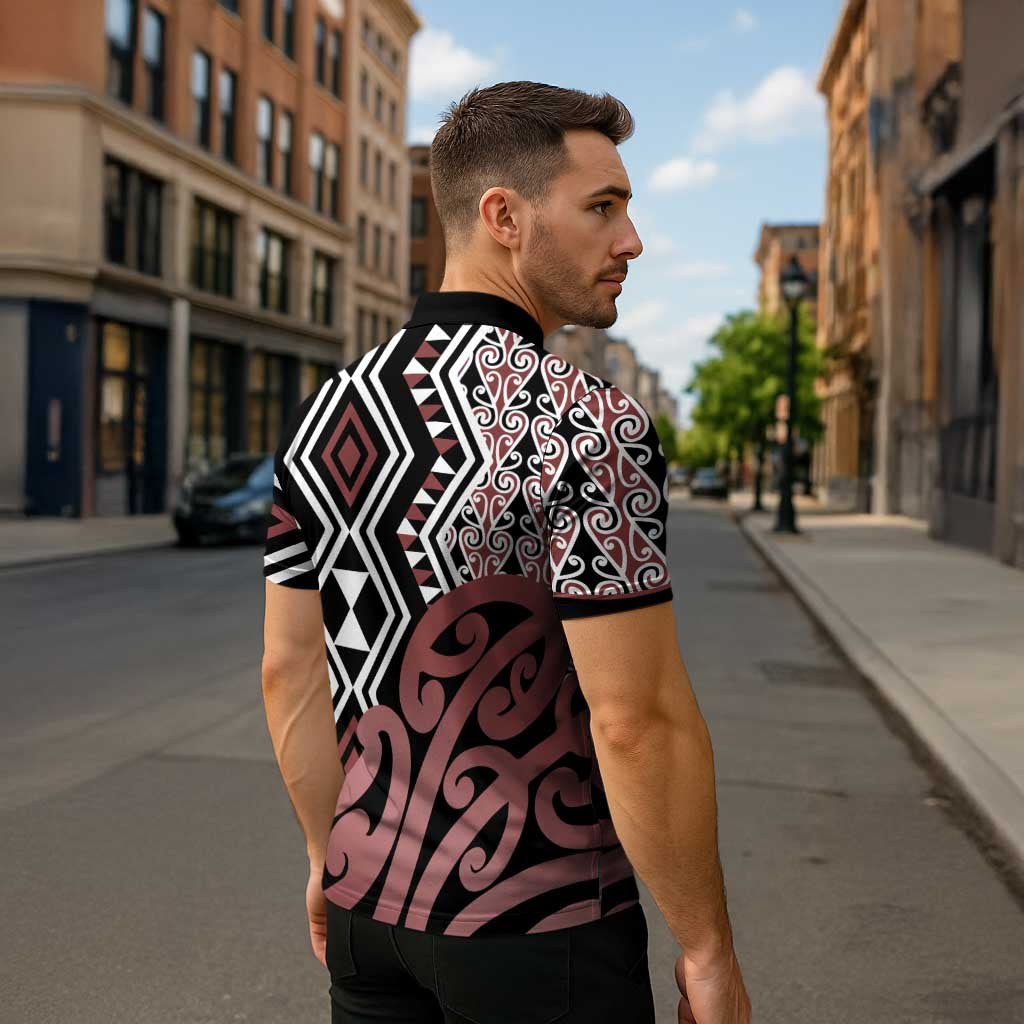 New Zealand Zipper Polo Shirt Aotearoa Kowhaiwhai Mix Taniko Art - Polynesian Pride