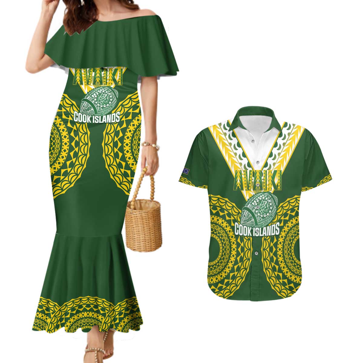 Custom Avaiki Cook Islands Rugby Couples Matching Mermaid Dress and Hawaiian Shirt Kuki Airani Tatau Green - Polynesian Pride