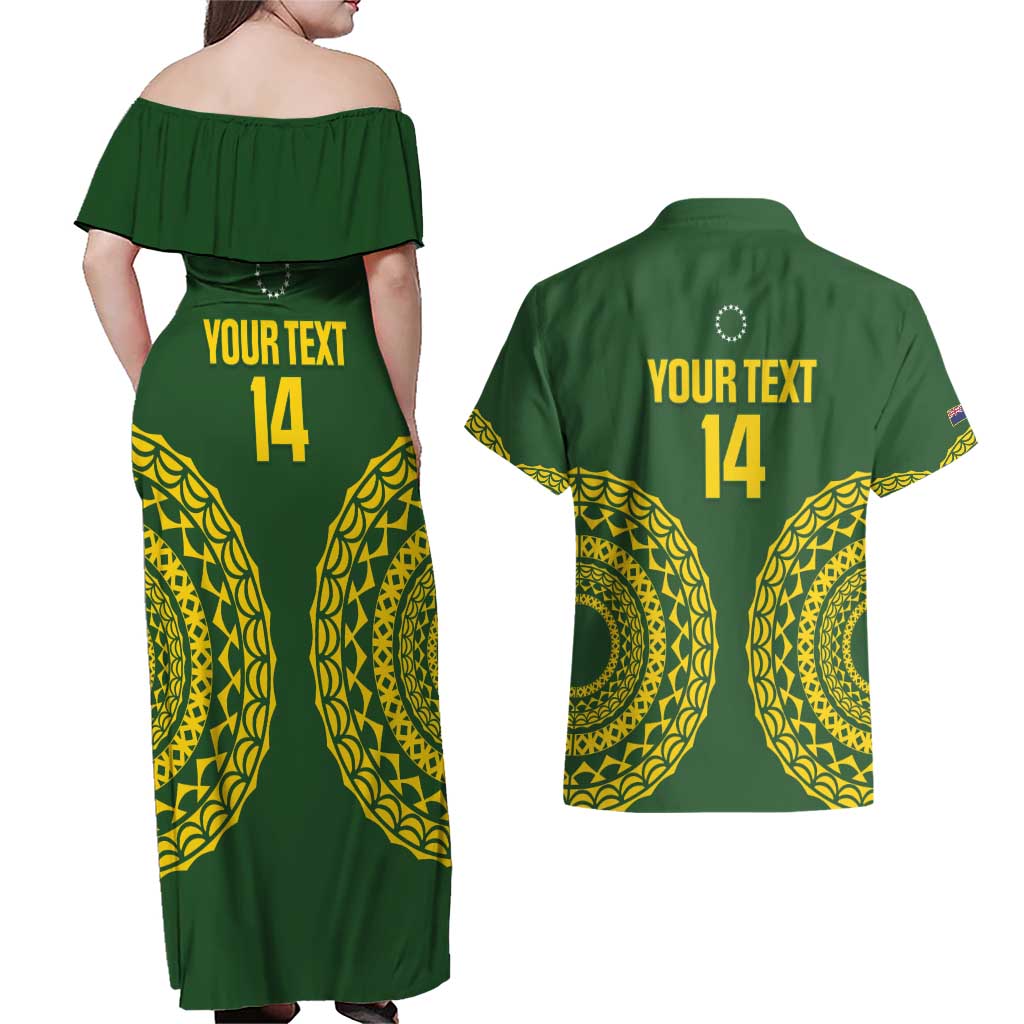 Custom Avaiki Cook Islands Rugby Couples Matching Off Shoulder Maxi Dress and Hawaiian Shirt Kuki Airani Tatau Green - Polynesian Pride