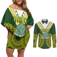 Custom Avaiki Cook Islands Rugby Couples Matching Off Shoulder Short Dress and Long Sleeve Button Shirt Kuki Airani Tatau Green LT14 Green - Polynesian Pride