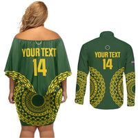 Custom Avaiki Cook Islands Rugby Couples Matching Off Shoulder Short Dress and Long Sleeve Button Shirt Kuki Airani Tatau Green LT14 - Polynesian Pride