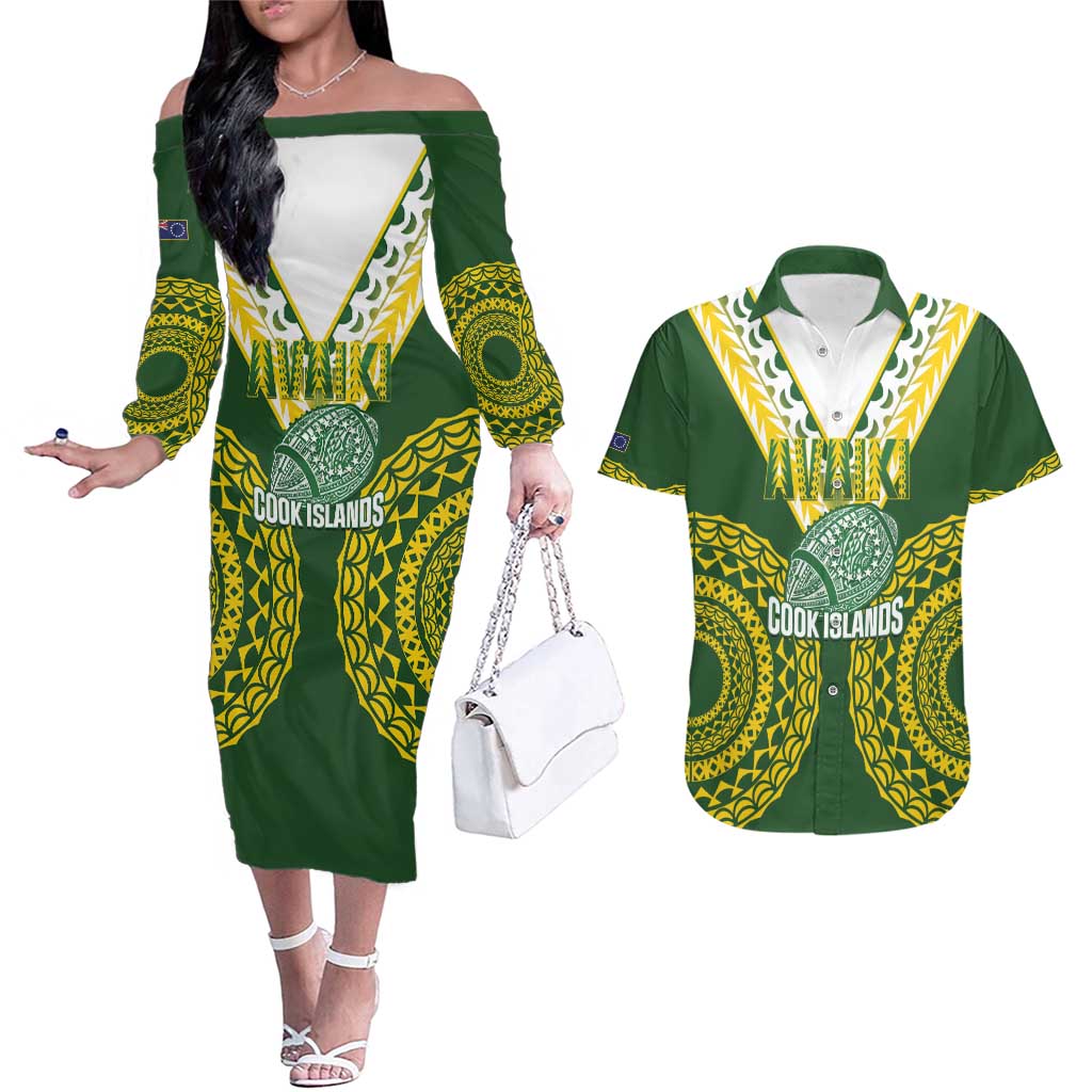 Custom Avaiki Cook Islands Rugby Couples Matching Off The Shoulder Long Sleeve Dress and Hawaiian Shirt Kuki Airani Tatau Green - Polynesian Pride