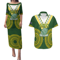 Custom Avaiki Cook Islands Rugby Couples Matching Puletasi and Hawaiian Shirt Kuki Airani Tatau Green LT14 Green - Polynesian Pride