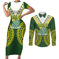 Custom Avaiki Cook Islands Rugby Couples Matching Short Sleeve Bodycon Dress and Long Sleeve Button Shirt Kuki Airani Tatau Green - Polynesian Pride