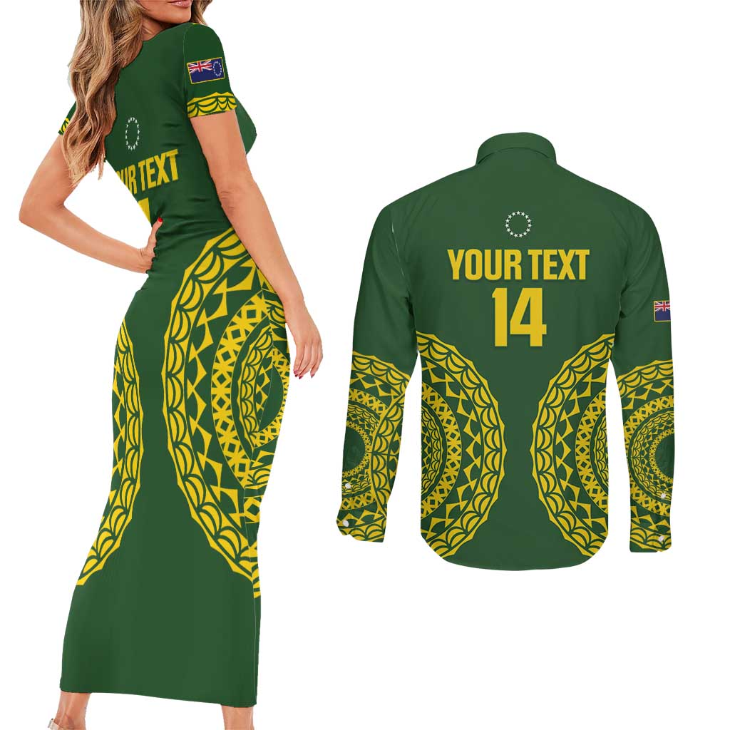 Custom Avaiki Cook Islands Rugby Couples Matching Short Sleeve Bodycon Dress and Long Sleeve Button Shirt Kuki Airani Tatau Green - Polynesian Pride