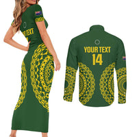 Custom Avaiki Cook Islands Rugby Couples Matching Short Sleeve Bodycon Dress and Long Sleeve Button Shirt Kuki Airani Tatau Green - Polynesian Pride