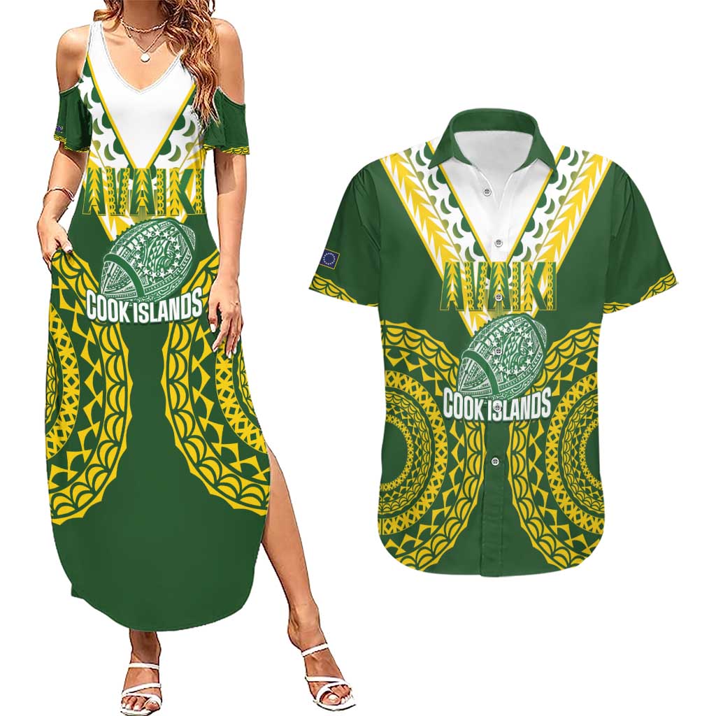 Custom Avaiki Cook Islands Rugby Couples Matching Summer Maxi Dress and Hawaiian Shirt Kuki Airani Tatau Green - Polynesian Pride