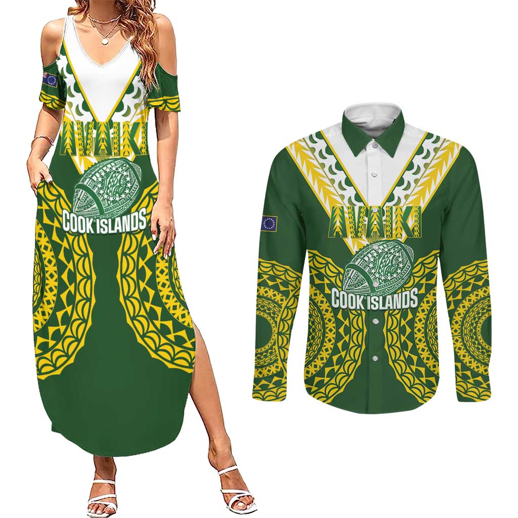 Custom Avaiki Cook Islands Rugby Couples Matching Summer Maxi Dress and Long Sleeve Button Shirt Kuki Airani Tatau Green - Polynesian Pride