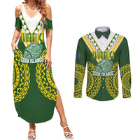 Custom Avaiki Cook Islands Rugby Couples Matching Summer Maxi Dress and Long Sleeve Button Shirt Kuki Airani Tatau Green - Polynesian Pride