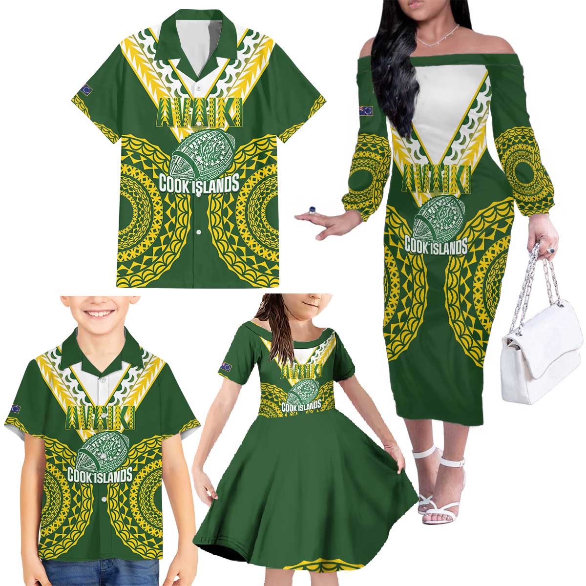 Custom Avaiki Cook Islands Rugby Family Matching Off The Shoulder Long Sleeve Dress and Hawaiian Shirt Kuki Airani Tatau Green - Polynesian Pride