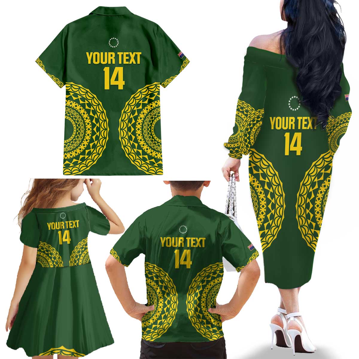 Custom Avaiki Cook Islands Rugby Family Matching Off The Shoulder Long Sleeve Dress and Hawaiian Shirt Kuki Airani Tatau Green - Polynesian Pride