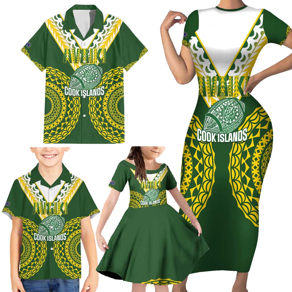 Custom Avaiki Cook Islands Rugby Family Matching Short Sleeve Bodycon Dress and Hawaiian Shirt Kuki Airani Tatau Green - Polynesian Pride