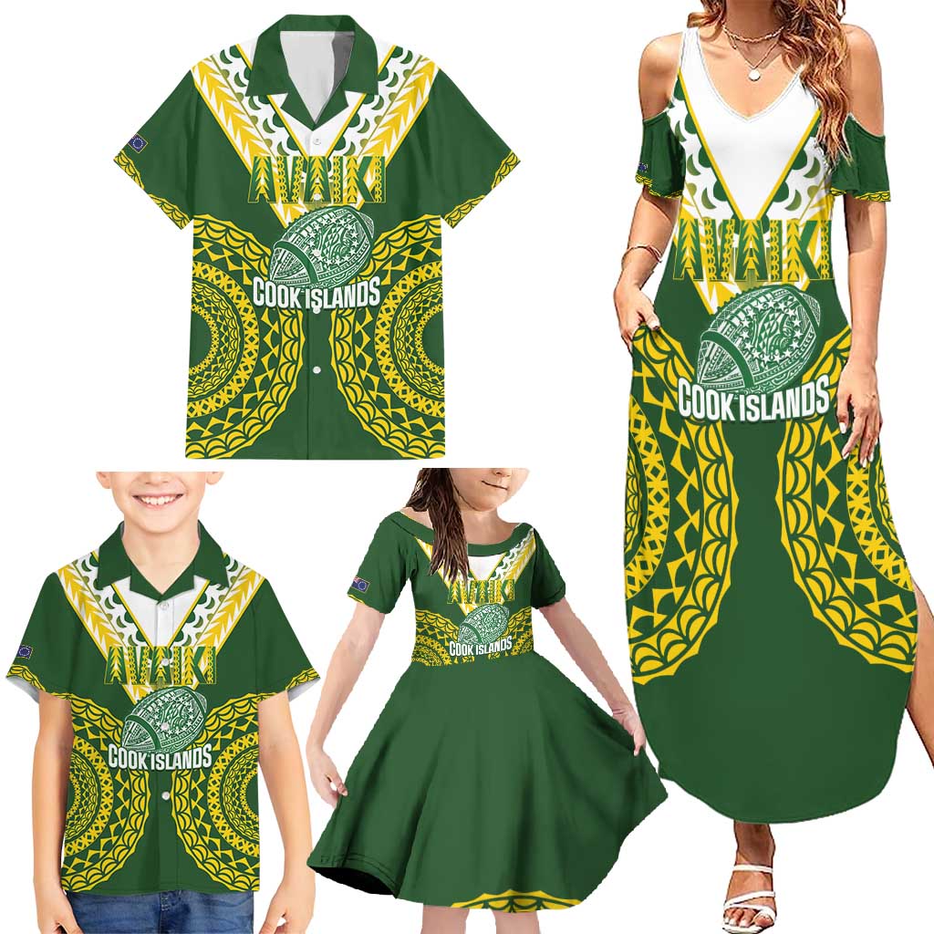 Custom Avaiki Cook Islands Rugby Family Matching Summer Maxi Dress and Hawaiian Shirt Kuki Airani Tatau Green - Polynesian Pride