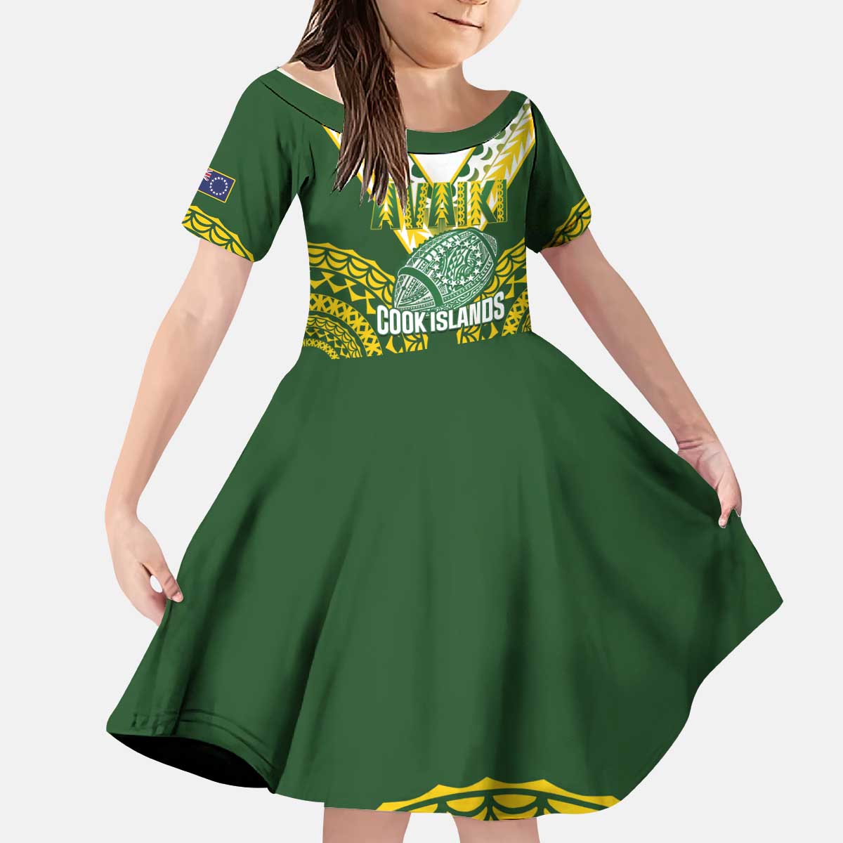 Custom Avaiki Cook Islands Rugby Kid Short Sleeve Dress Kuki Airani Tatau Green LT14 KID Green - Polynesian Pride