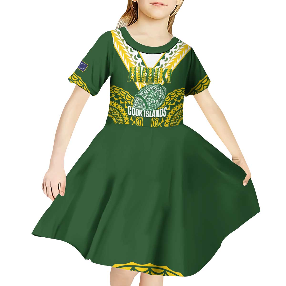 Custom Avaiki Cook Islands Rugby Kid Short Sleeve Dress Kuki Airani Tatau Green LT14 - Polynesian Pride