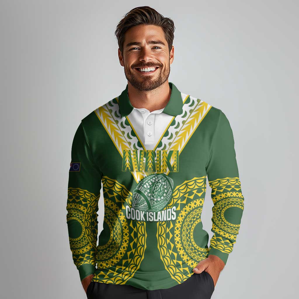 Custom Avaiki Cook Islands Rugby Long Sleeve Polo Shirt Kuki Airani Tatau Green - Polynesian Pride