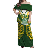 Custom Avaiki Cook Islands Rugby Off Shoulder Maxi Dress Kuki Airani Tatau Green LT14 Women Green - Polynesian Pride