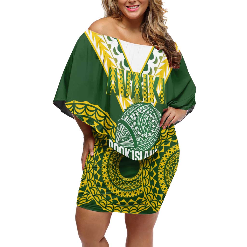Custom Avaiki Cook Islands Rugby Off Shoulder Short Dress Kuki Airani Tatau Green LT14 Women Green - Polynesian Pride