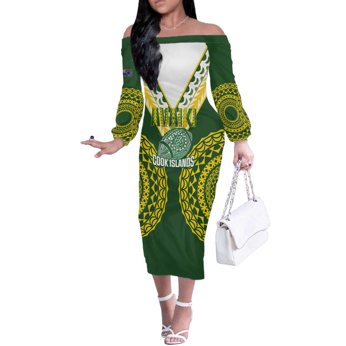 Custom Avaiki Cook Islands Rugby Off The Shoulder Long Sleeve Dress Kuki Airani Tatau Green - Polynesian Pride