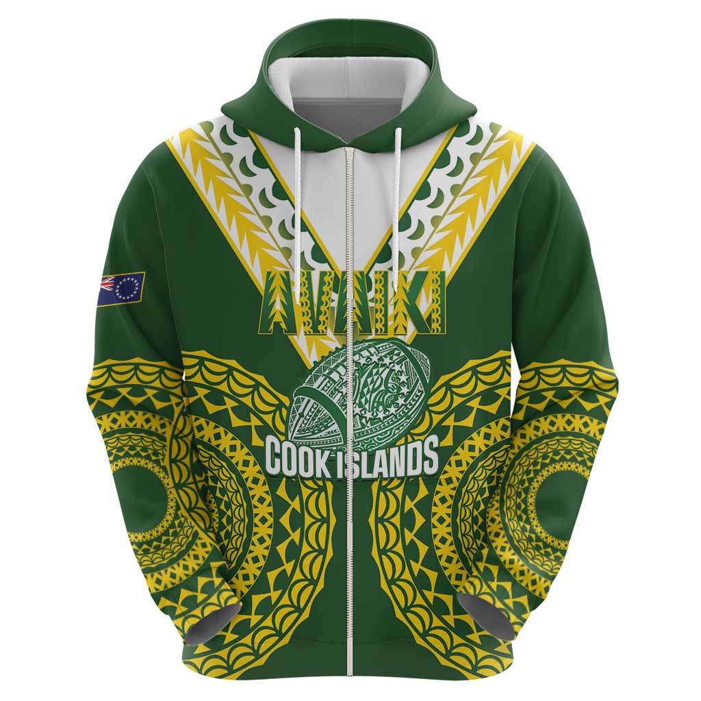 Custom Avaiki Cook Islands Rugby Zip Hoodie Kuki Airani Tatau Green LT14 - Polynesian Pride