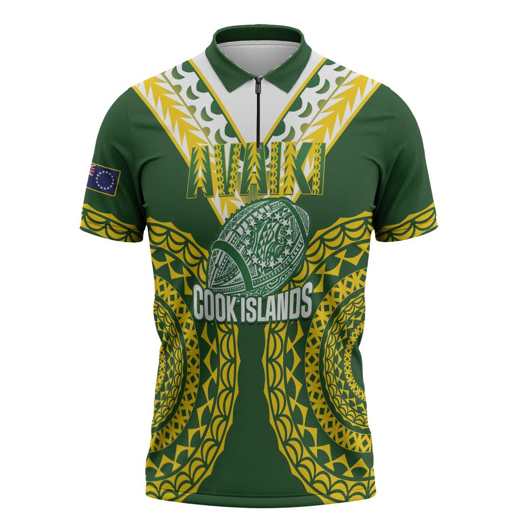 Custom Avaiki Cook Islands Rugby Zipper Polo Shirt Kuki Airani Tatau Green LT14 Green - Polynesian Pride