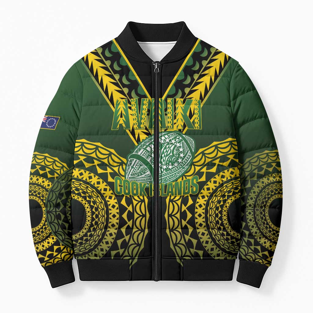 Custom Avaiki Cook Islands Rugby Bomber Puffer Jacket Kuki Airani Tatau Black - Polynesian Pride
