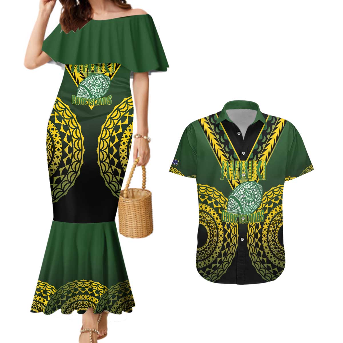 Custom Avaiki Cook Islands Rugby Couples Matching Mermaid Dress and Hawaiian Shirt Kuki Airani Tatau Black - Polynesian Pride