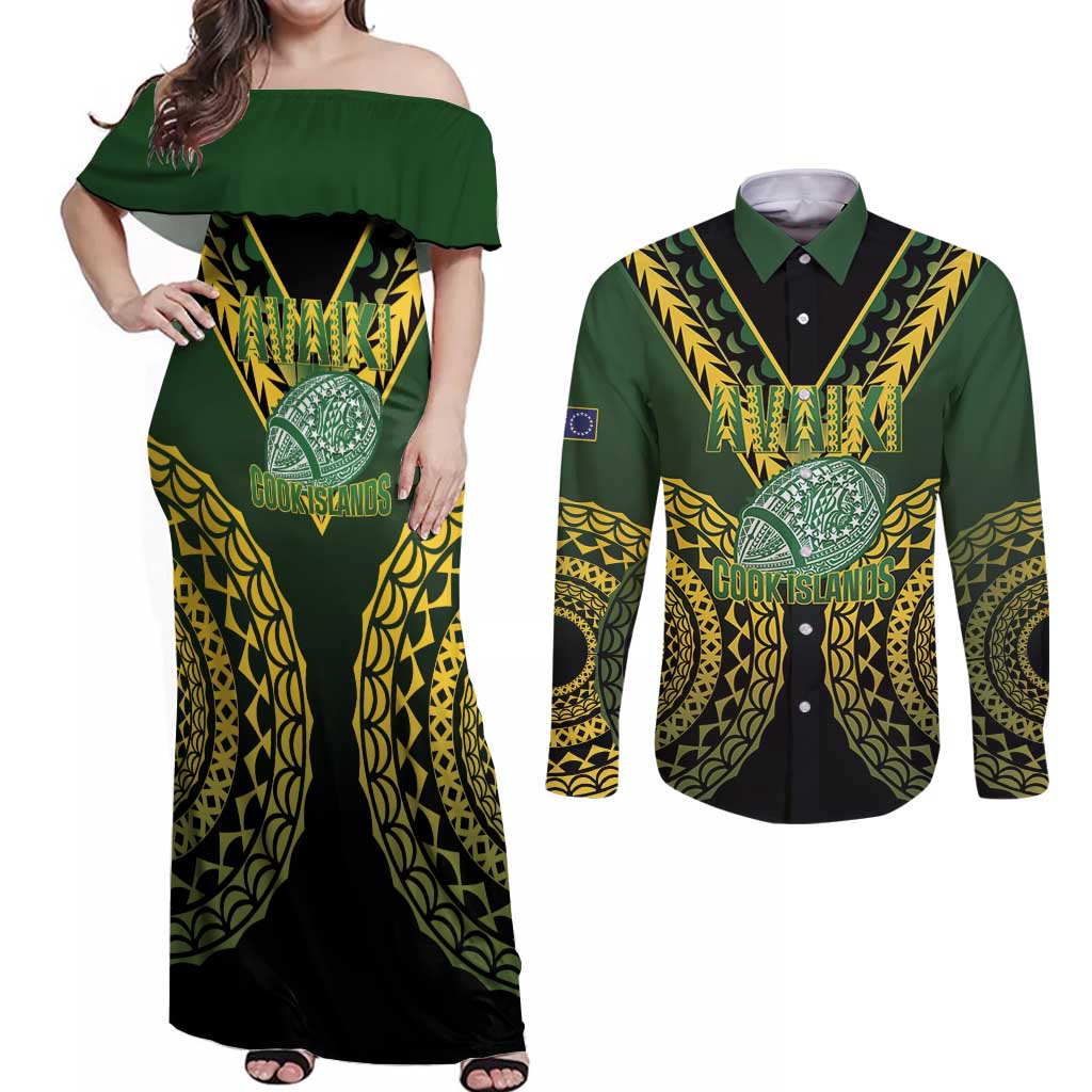 Custom Avaiki Cook Islands Rugby Couples Matching Off Shoulder Maxi Dress and Long Sleeve Button Shirt Kuki Airani Tatau Black LT14 Black - Polynesian Pride