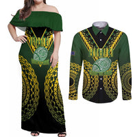 Custom Avaiki Cook Islands Rugby Couples Matching Off Shoulder Maxi Dress and Long Sleeve Button Shirt Kuki Airani Tatau Black LT14 Black - Polynesian Pride
