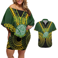 Custom Avaiki Cook Islands Rugby Couples Matching Off Shoulder Short Dress and Hawaiian Shirt Kuki Airani Tatau Black - Polynesian Pride
