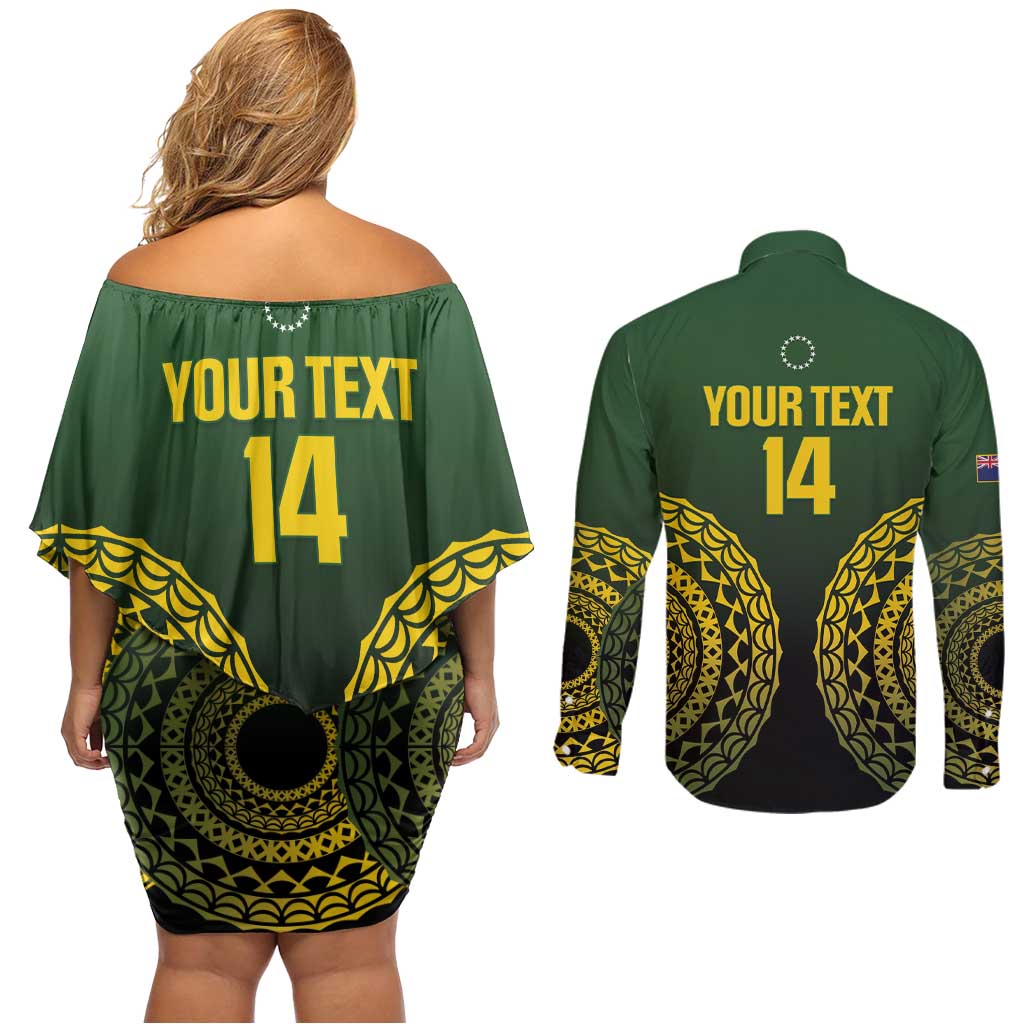 Custom Avaiki Cook Islands Rugby Couples Matching Off Shoulder Short Dress and Long Sleeve Button Shirt Kuki Airani Tatau Black - Polynesian Pride