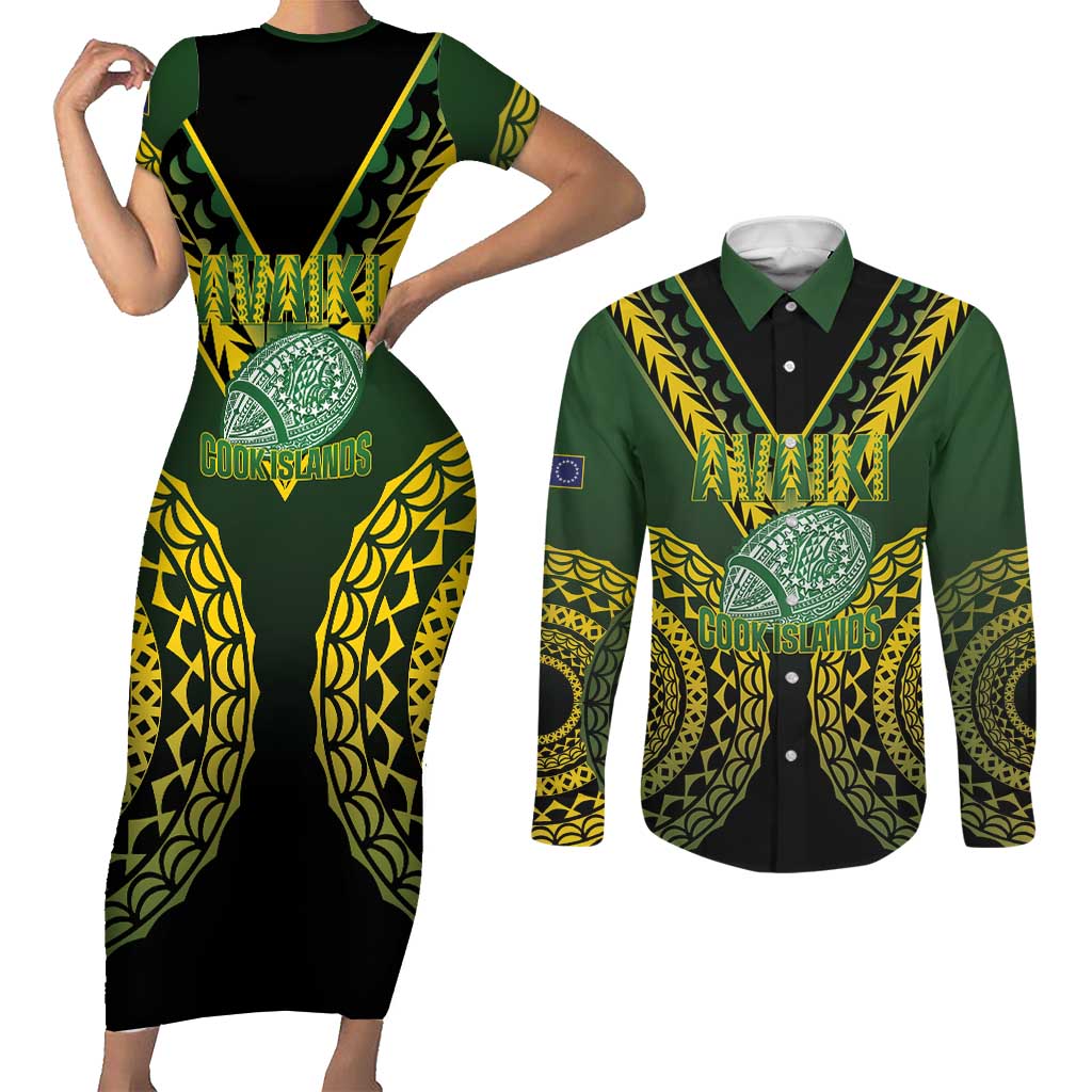 Custom Avaiki Cook Islands Rugby Couples Matching Short Sleeve Bodycon Dress and Long Sleeve Button Shirt Kuki Airani Tatau Black - Polynesian Pride