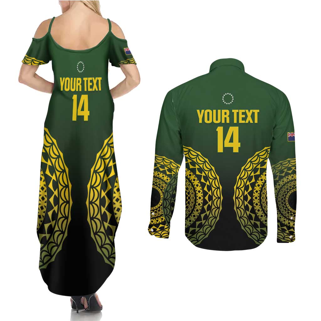 Custom Avaiki Cook Islands Rugby Couples Matching Summer Maxi Dress and Long Sleeve Button Shirt Kuki Airani Tatau Black LT14 - Polynesian Pride