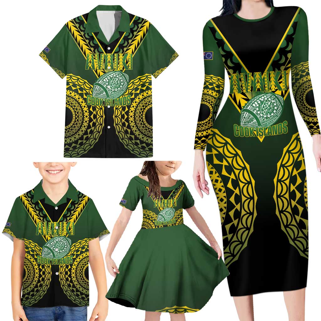 Custom Avaiki Cook Islands Rugby Family Matching Long Sleeve Bodycon Dress and Hawaiian Shirt Kuki Airani Tatau Black - Polynesian Pride
