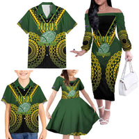 Custom Avaiki Cook Islands Rugby Family Matching Off The Shoulder Long Sleeve Dress and Hawaiian Shirt Kuki Airani Tatau Black - Polynesian Pride