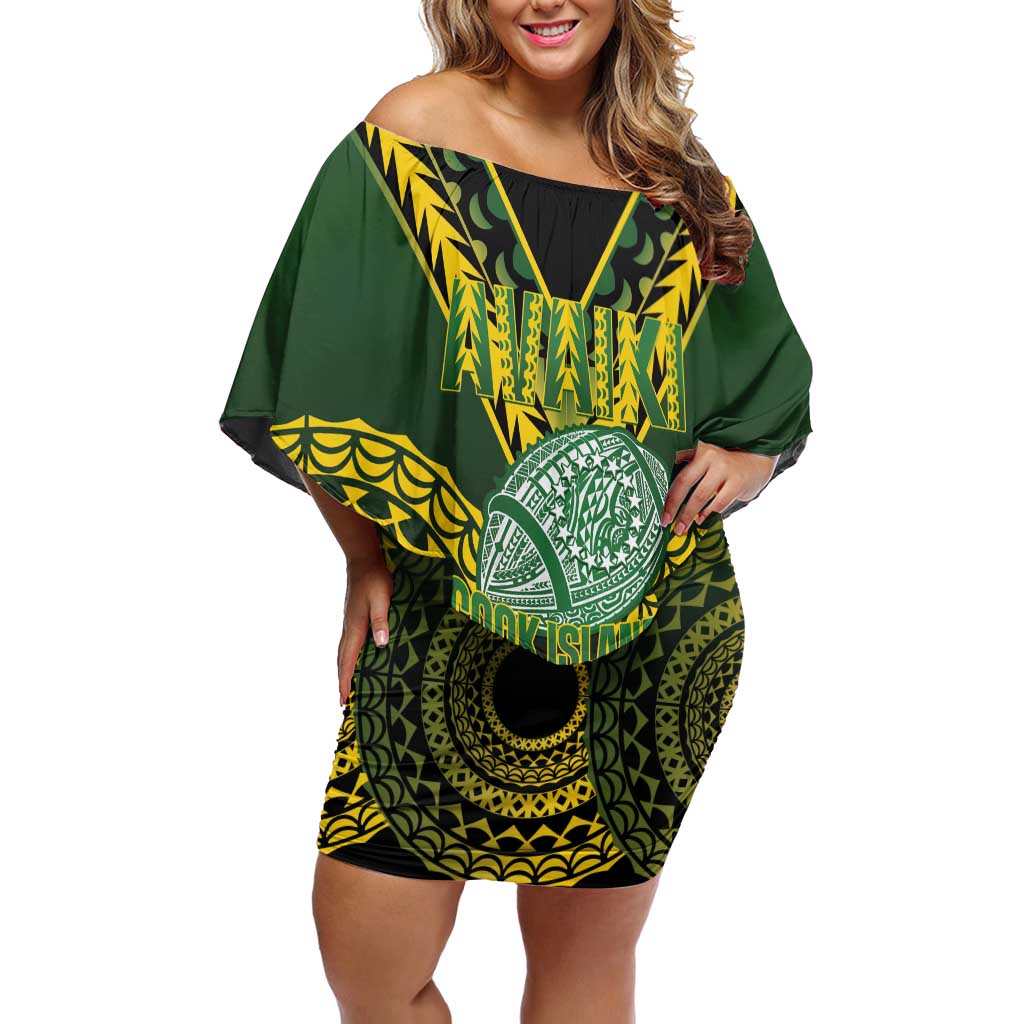 Custom Avaiki Cook Islands Rugby Family Matching Off Shoulder Short Dress and Hawaiian Shirt Kuki Airani Tatau Black - Polynesian Pride