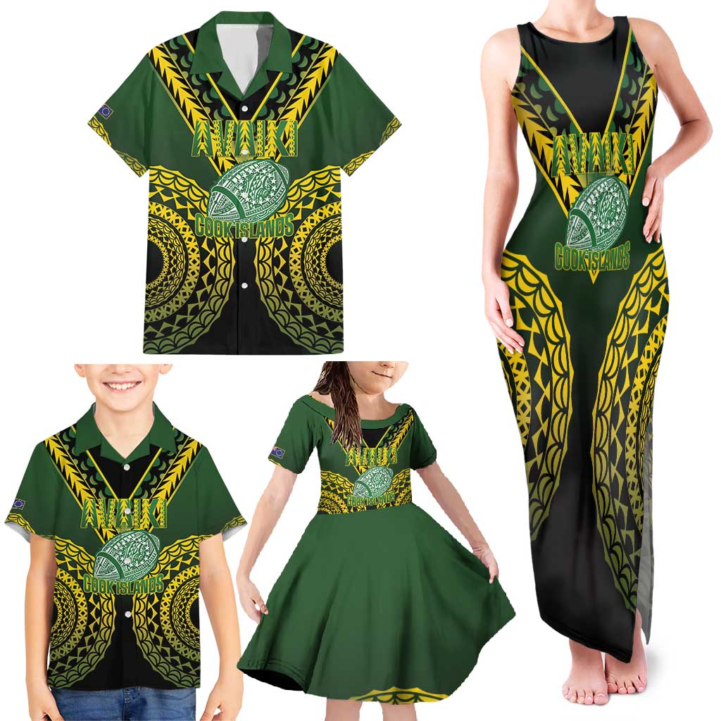 Custom Avaiki Cook Islands Rugby Family Matching Tank Maxi Dress and Hawaiian Shirt Kuki Airani Tatau Black - Polynesian Pride