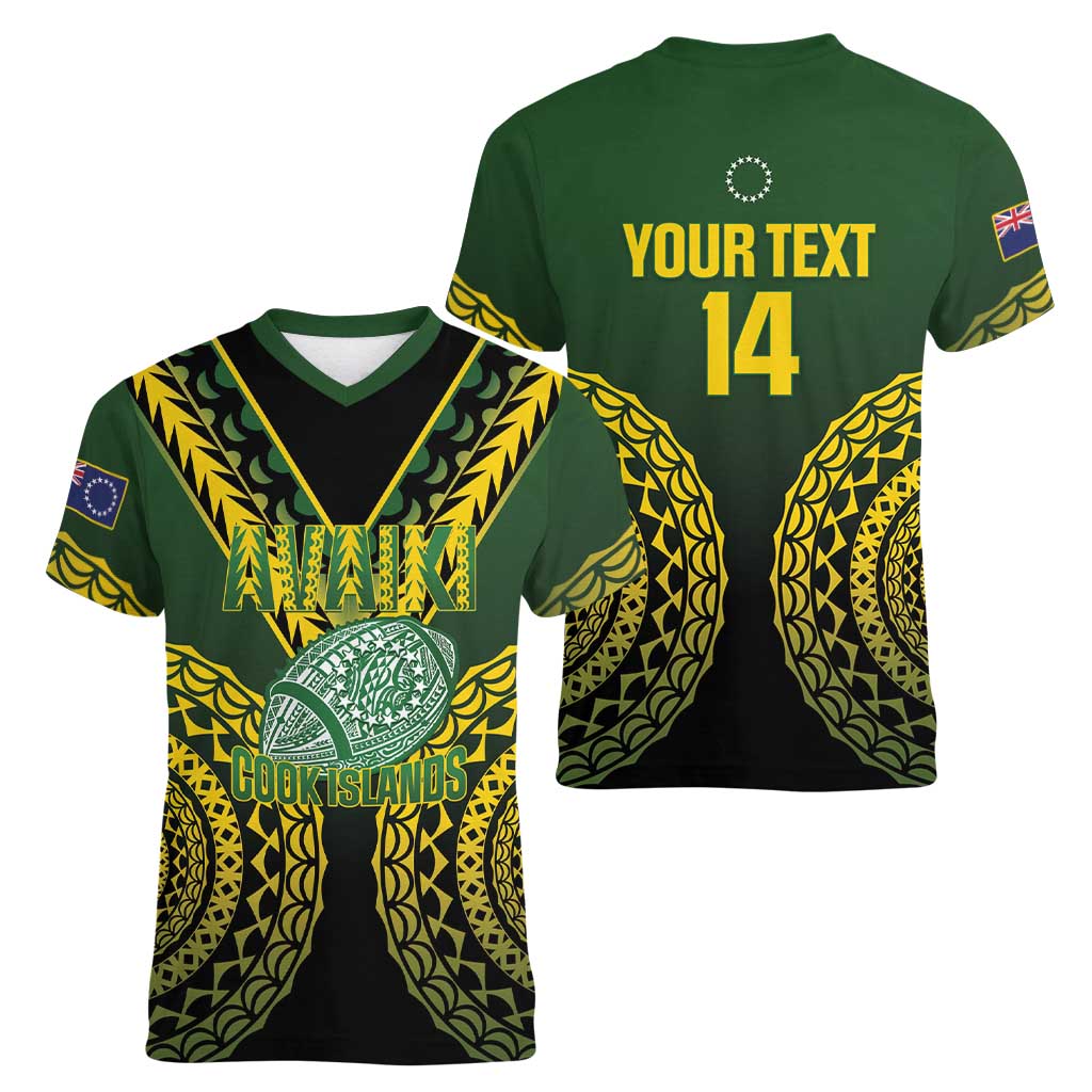 Custom Avaiki Cook Islands Rugby Women V-Neck T-Shirt Kuki Airani Tatau Black - Polynesian Pride