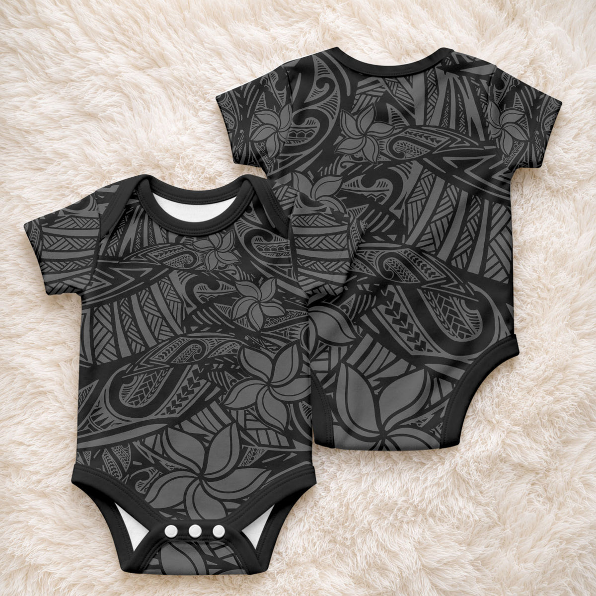 Polynesia Baby Onesie Polynesian Pattern Mix Plumeria Black
