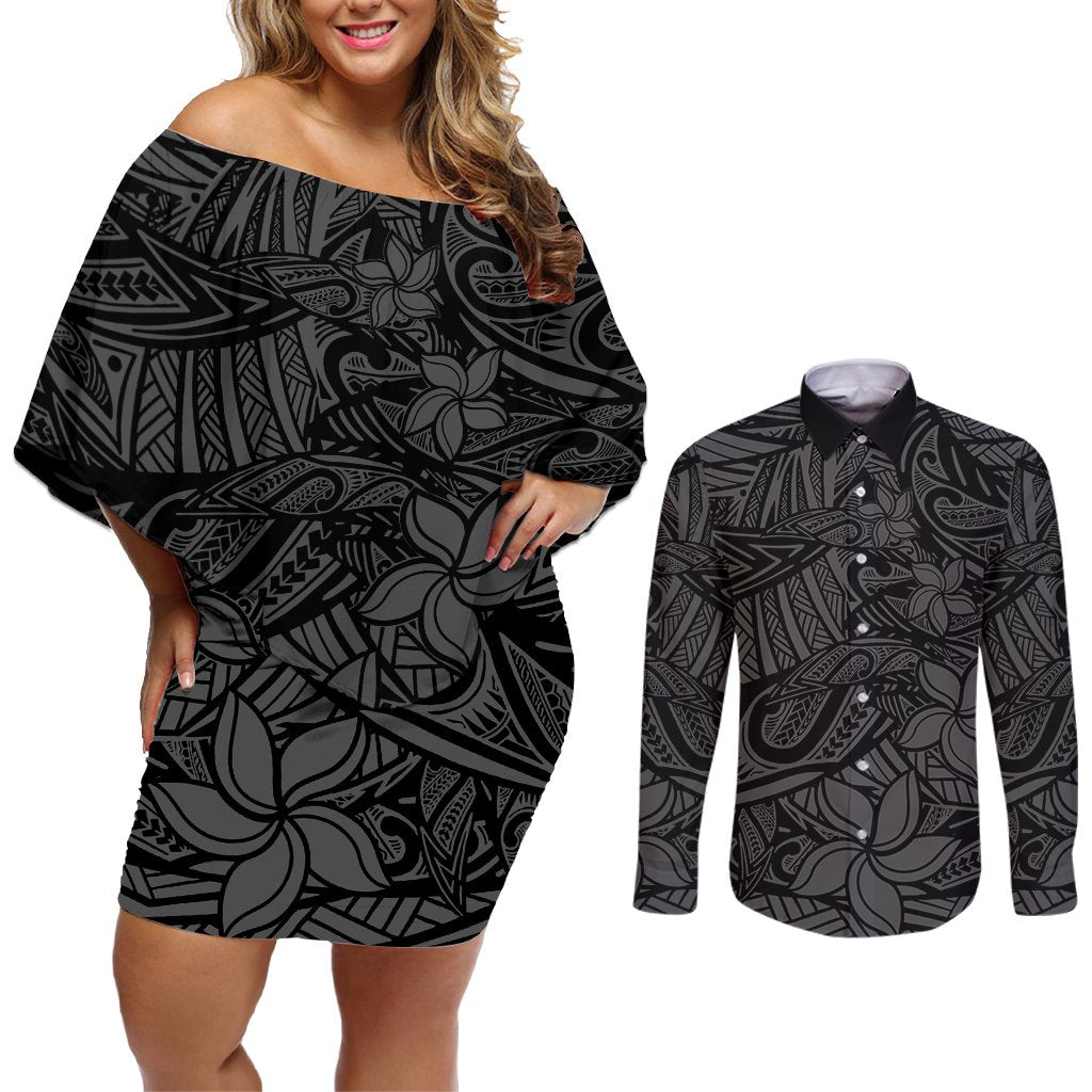 Polynesia Couples Matching Off Shoulder Short Dress and Long Sleeve Button Shirt Polynesian Pattern Mix Plumeria Black LT14 Black - Polynesian Pride