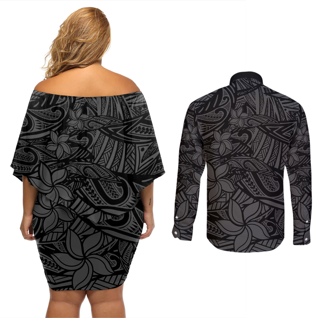 Polynesia Couples Matching Off Shoulder Short Dress and Long Sleeve Button Shirt Polynesian Pattern Mix Plumeria Black LT14 - Polynesian Pride