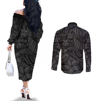Polynesia Couples Matching Off The Shoulder Long Sleeve Dress and Long Sleeve Button Shirt Polynesian Pattern Mix Plumeria Black LT14 - Polynesian Pride