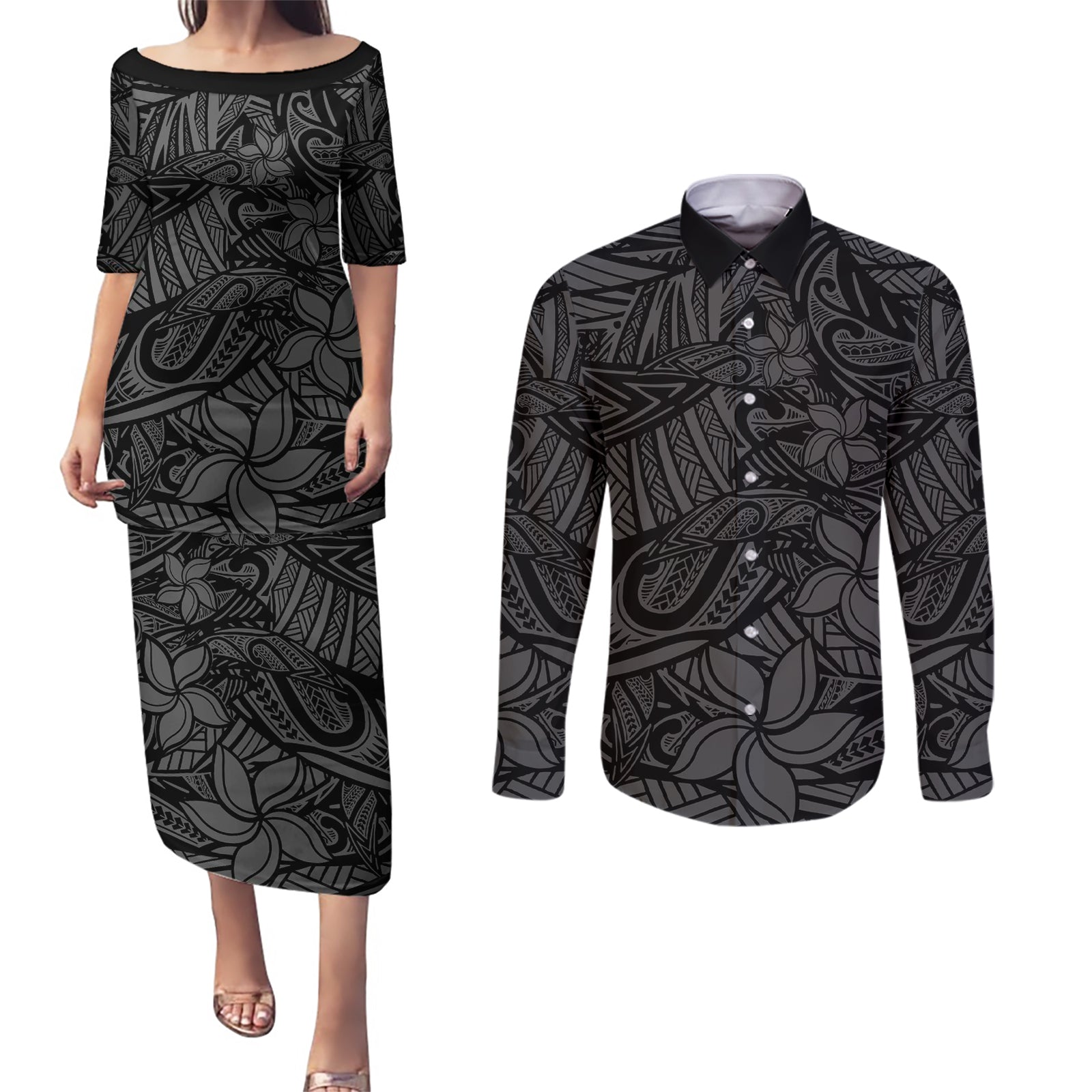 Polynesia Couples Matching Puletasi and Long Sleeve Button Shirt Polynesian Pattern Mix Plumeria Black LT14 Black - Polynesian Pride