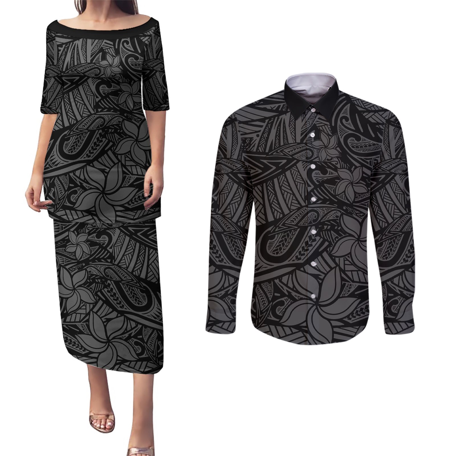 Polynesia Couples Matching Puletasi and Long Sleeve Button Shirt Polynesian Pattern Mix Plumeria Black LT14 Black - Polynesian Pride