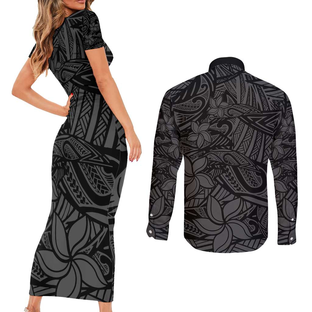 Polynesia Couples Matching Short Sleeve Bodycon Dress and Long Sleeve Button Shirt Polynesian Pattern Mix Plumeria Black LT14 - Polynesian Pride