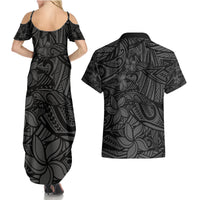 Polynesia Couples Matching Summer Maxi Dress and Hawaiian Shirt Polynesian Pattern Mix Plumeria Black LT14 - Polynesian Pride