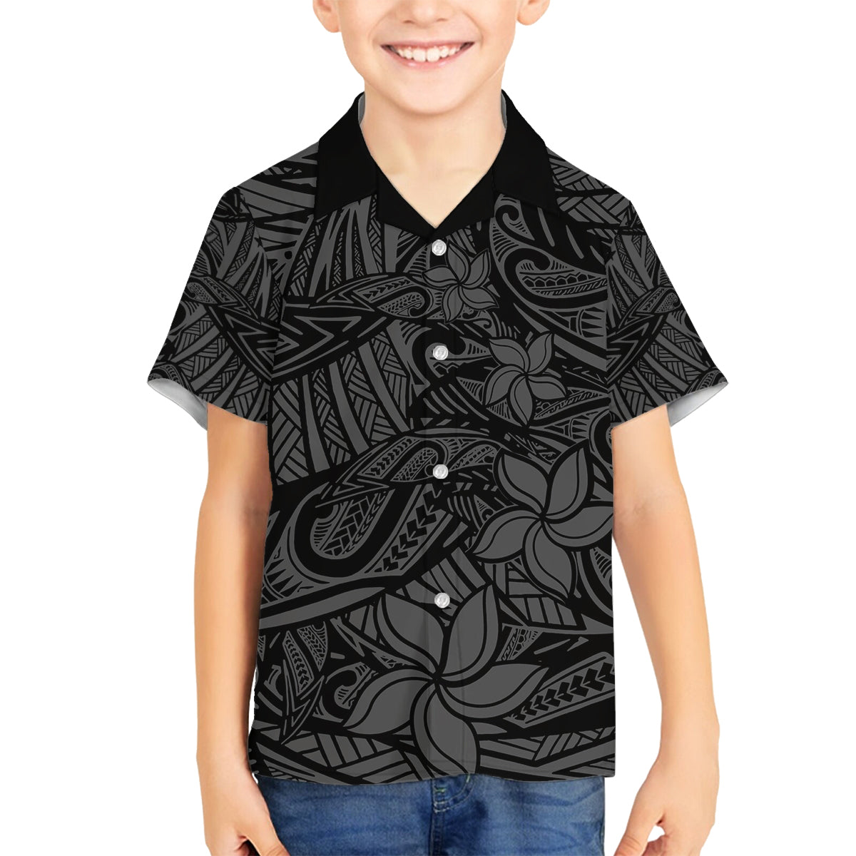 Polynesia Family Matching Off Shoulder Long Sleeve Dress and Hawaiian Shirt Polynesian Pattern Mix Plumeria Black LT14 Son's Shirt Black - Polynesian Pride